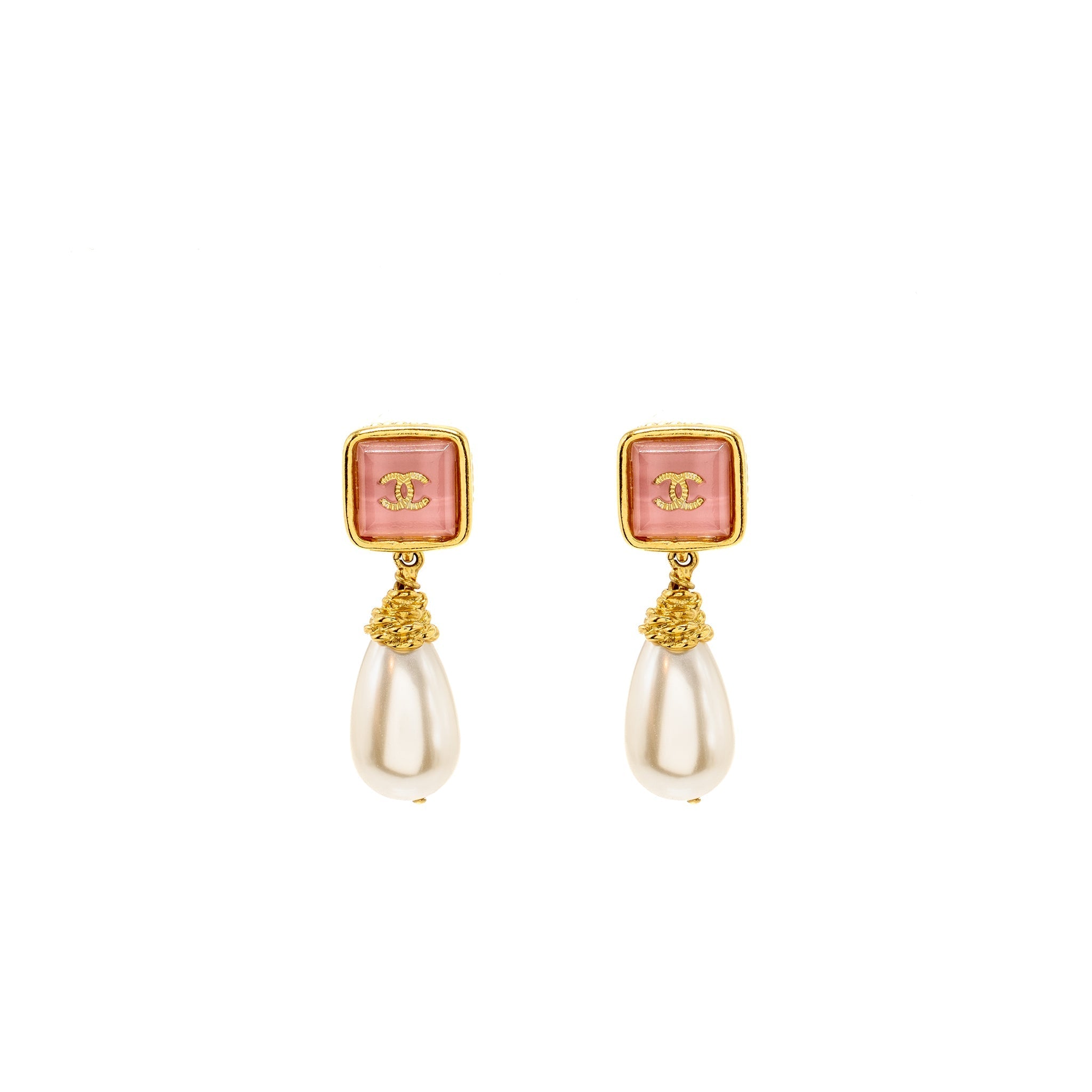 CHANEL CC LOGO SQUARE WITH PEARL DROP EARRINGS PEACH GOLD TONE