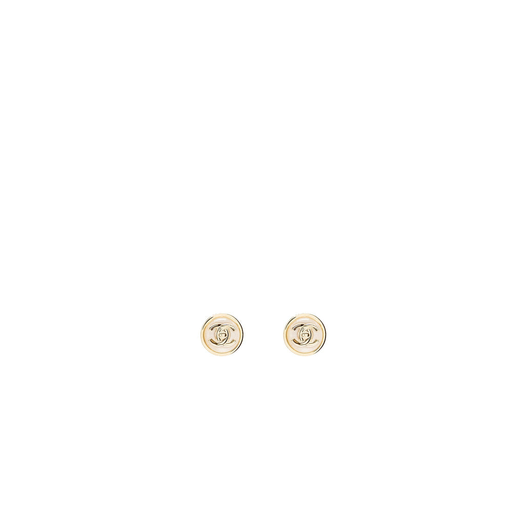 CHANEL ROUND CC LOGO EARRINGS WHITE LIGHT GOLD TONE