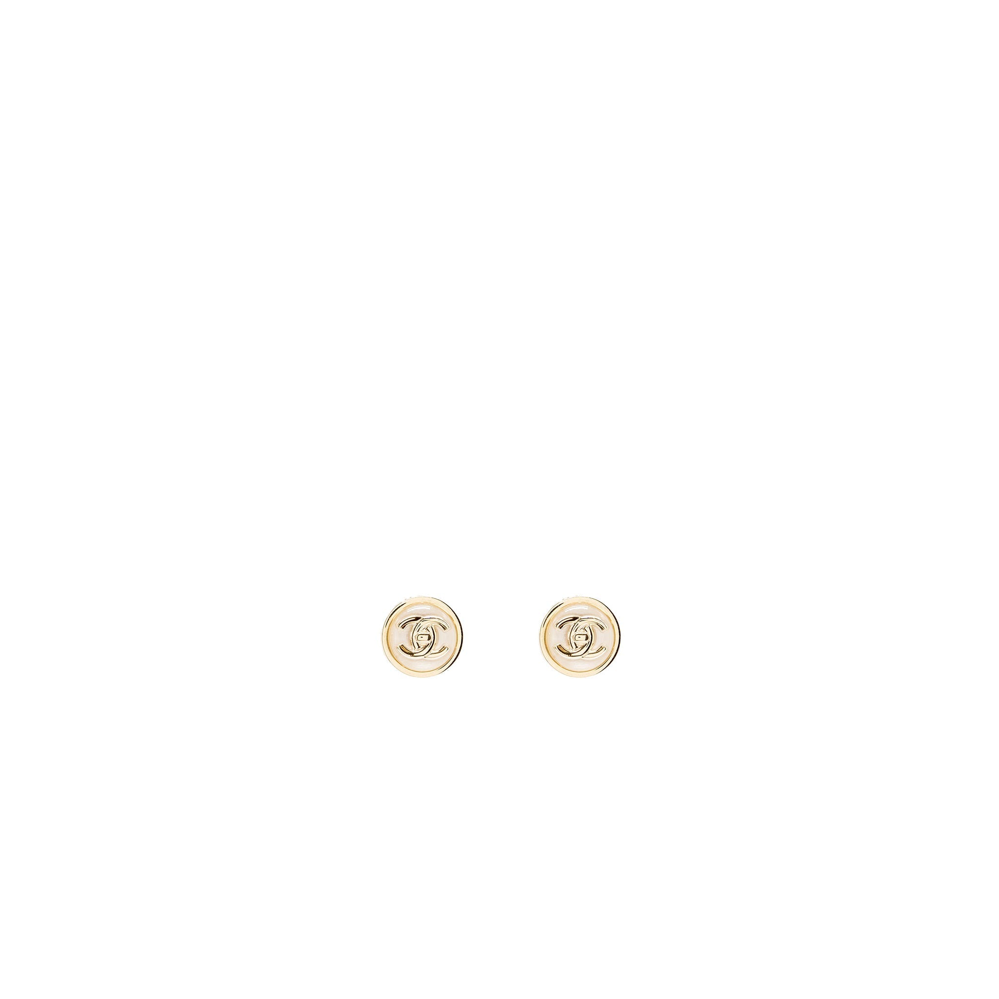 CHANEL ROUND CC LOGO EARRINGS WHITE LIGHT GOLD TONE