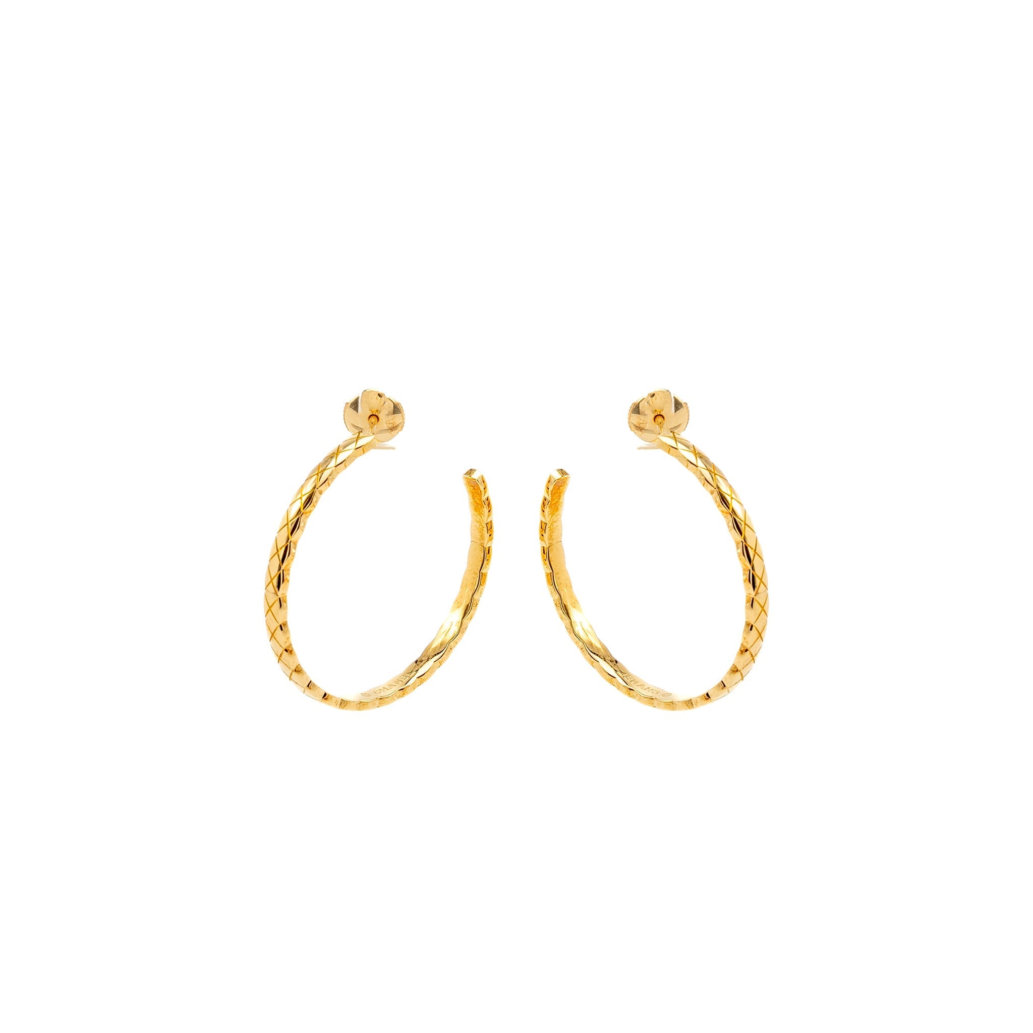 CHANEL COCO CRUSH HOOP EARRINGS QUILTED MOTIF BEIGE GOLD