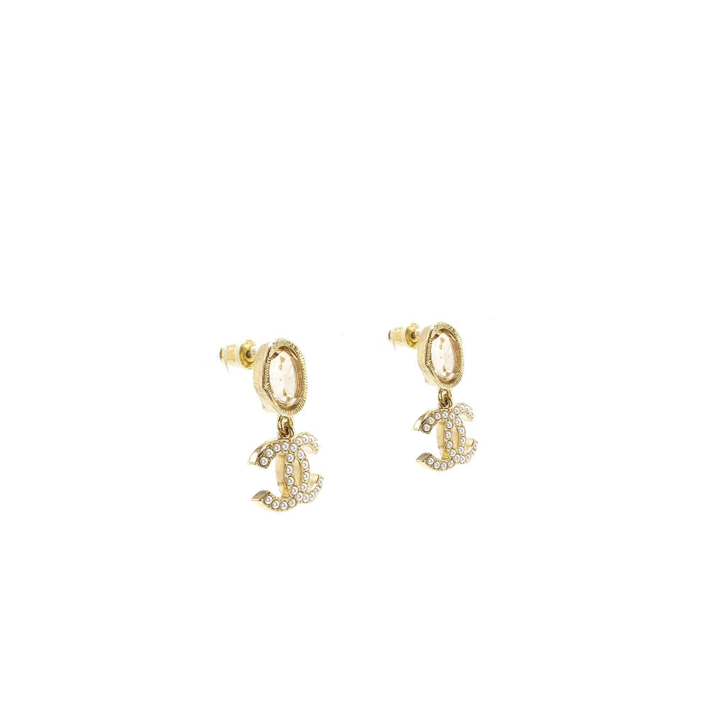 CHANEL PEARL CC LOGO DROP EARRINGS CRYSTAL LIGHT GOLD TONE
