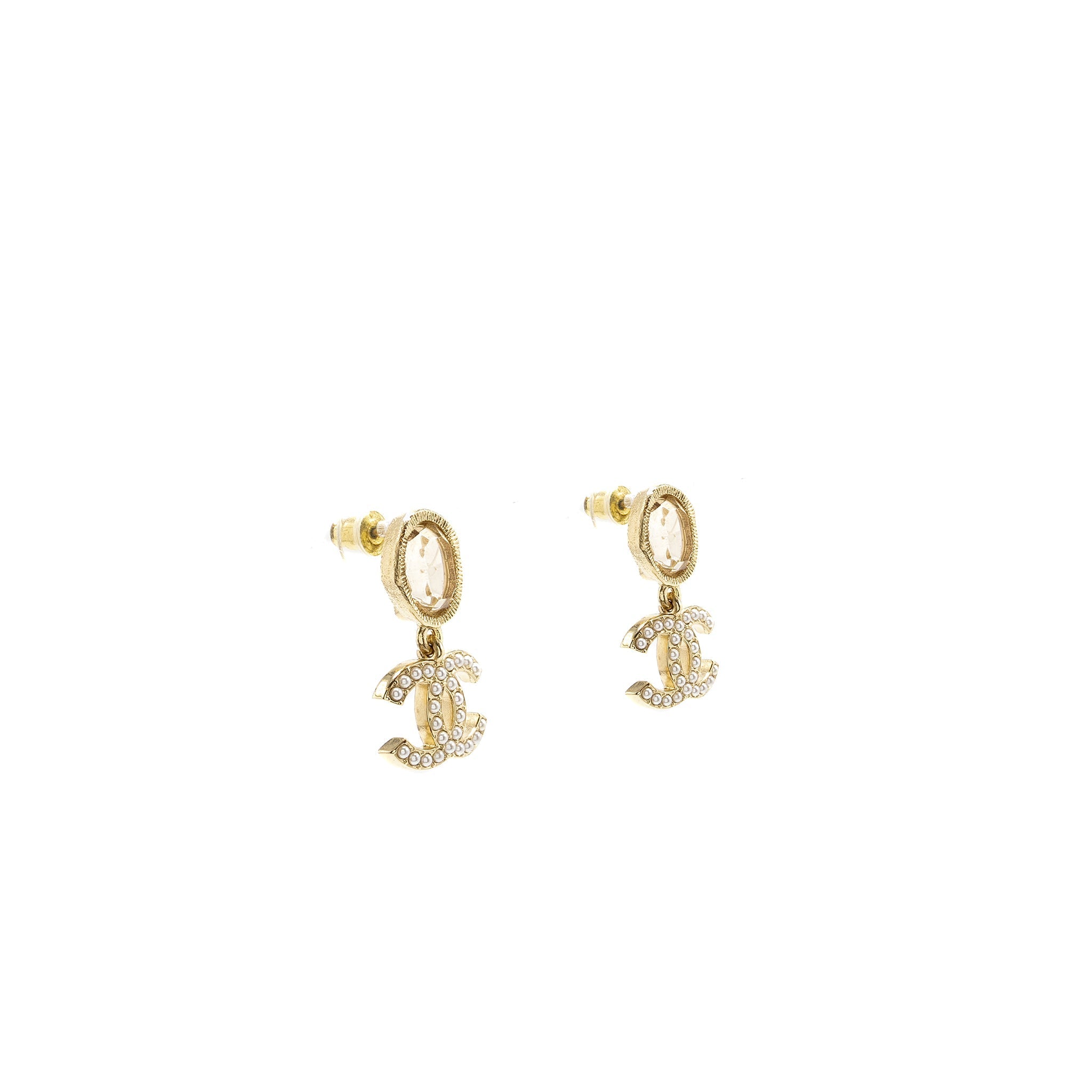 CHANEL PEARL CC LOGO DROP EARRINGS CRYSTAL LIGHT GOLD TONE