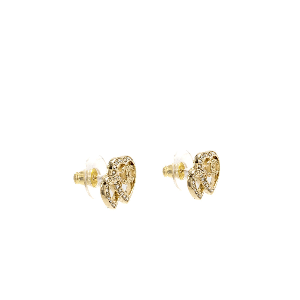 CHANEL DOUBLE HEART CC EARRINGS CRYSTAL LIGHT GOLD TONE