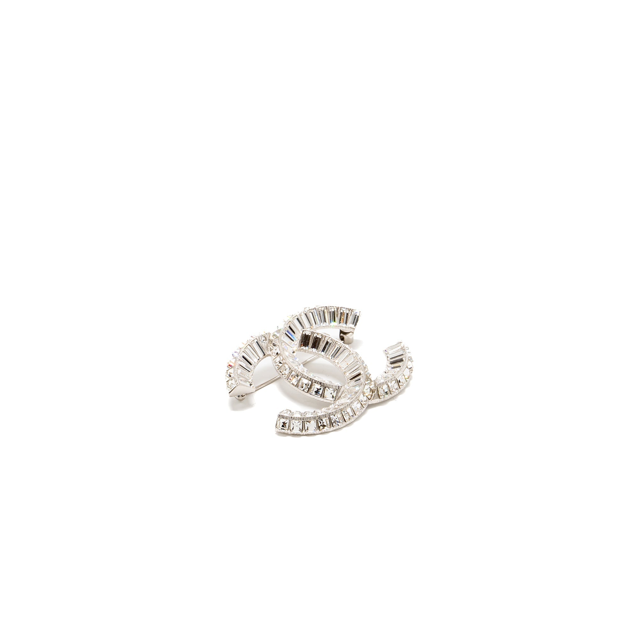 CHANEL CC LOGO CRYSTAL BROOCH SILVER TONE