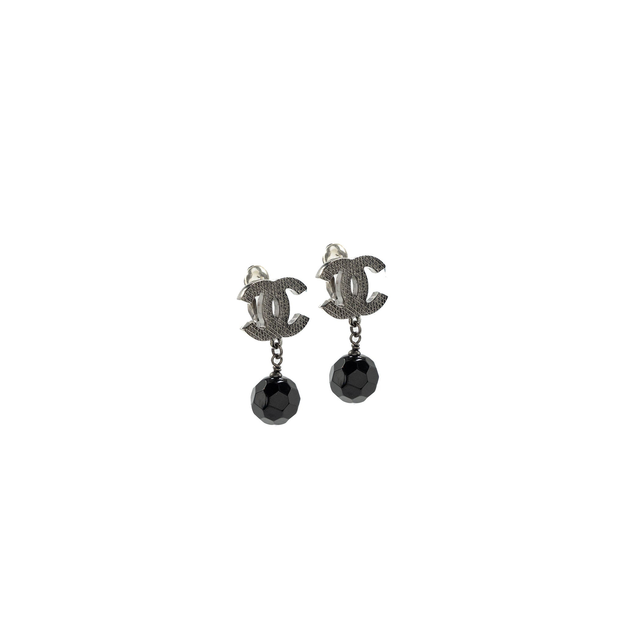 CHANEL CC LOGO DROP EAR CLIPS RUTHENIUM HARDWARE