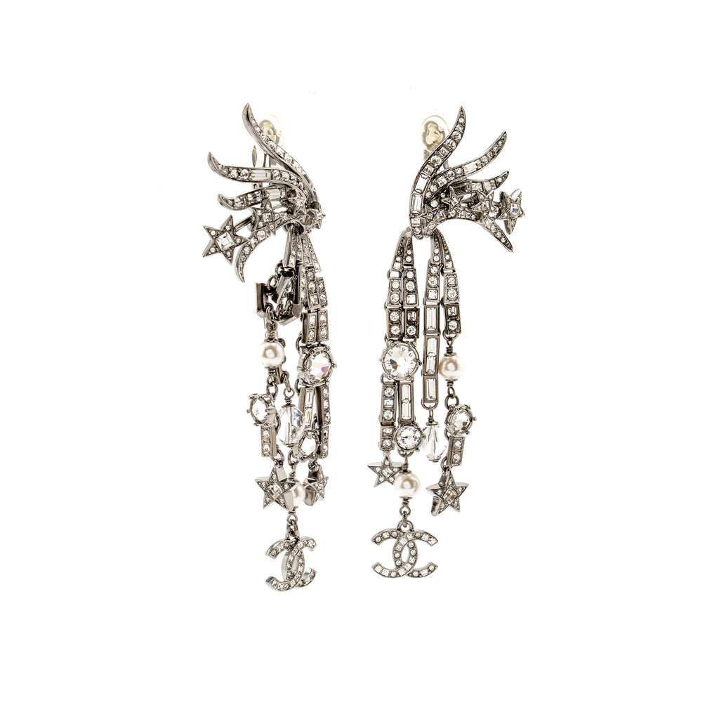 CHANEL CC AND STAR DROP EAR CLIP EARRINGS CRYSTAL/PEARL SILVER TONE