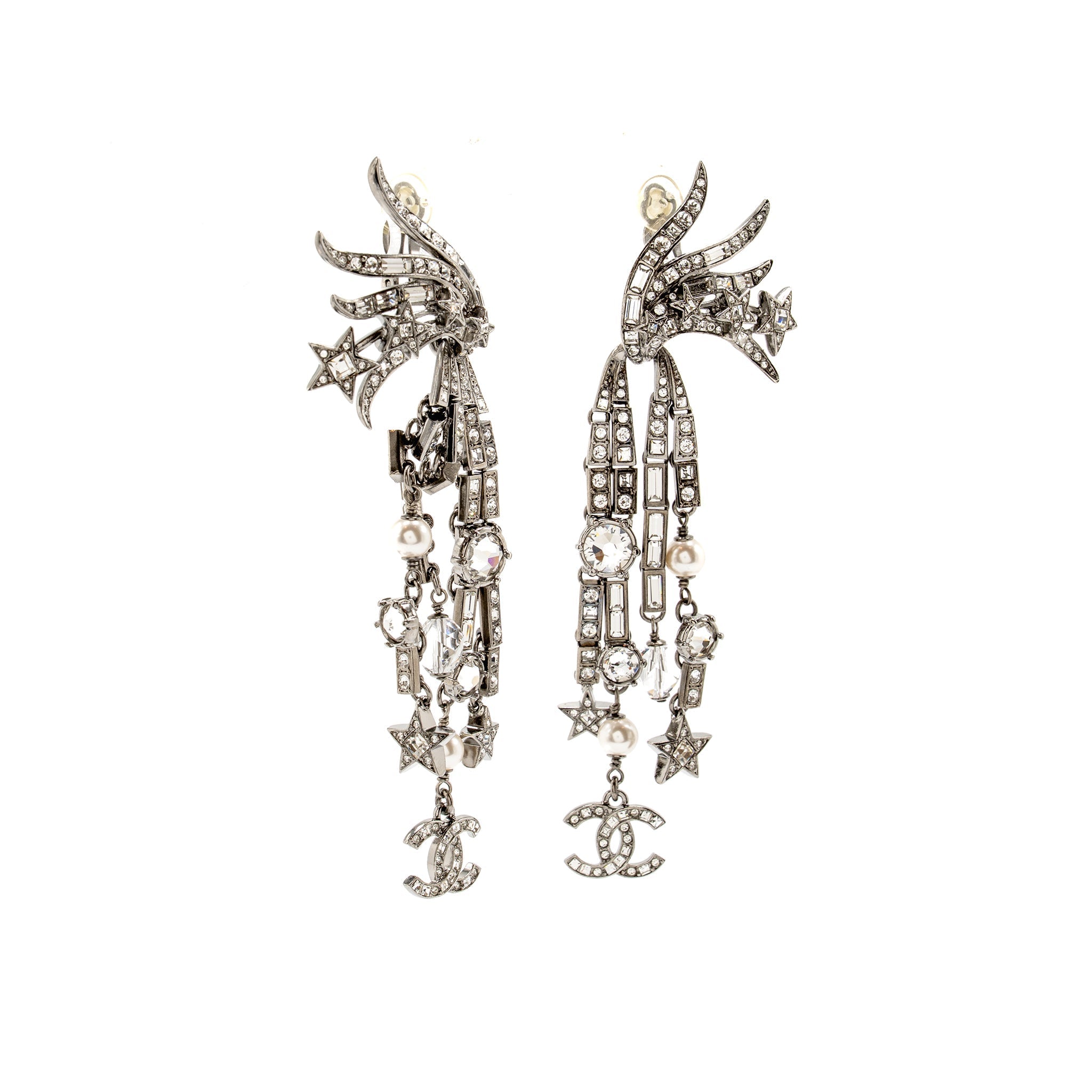 CHANEL CC AND STAR DROP EAR CLIP EARRINGS CRYSTAL/PEARL SILVER TONE