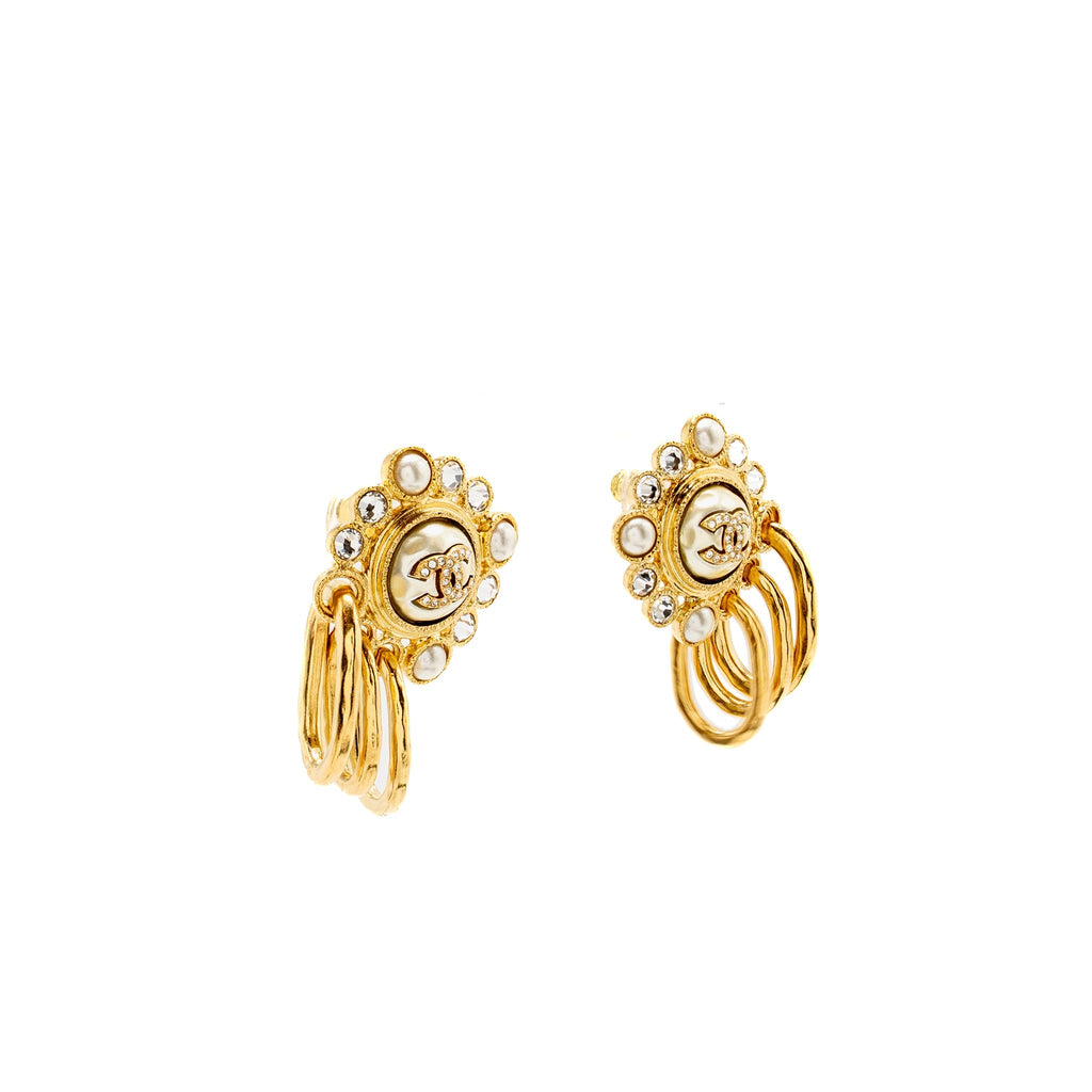 CHANEL FAUX PEARL & STRASS CC DROP EARRINGS GOLD TONE