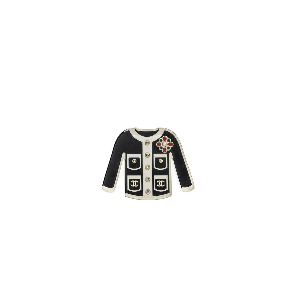CHANEL LITTLE JACKET BROOCH BLACK LIGHT GOLD TONE