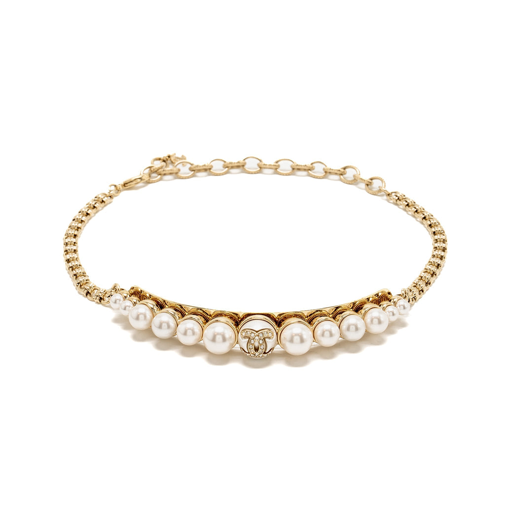 CHANEL CC LOGO PEARL CHOCKER/NECKLACE LIGHT GOLD TONE