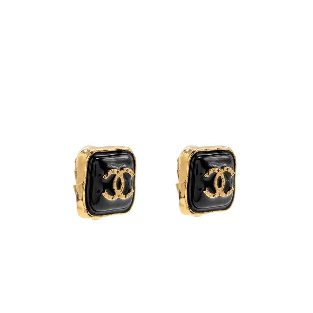 CHANEL SQUARE CC LOGO EAR CLIPS GOLD TONE