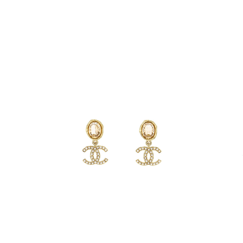 CHANEL PEARL CC LOGO DROP EARRINGS CRYSTAL LIGHT GOLD TONE