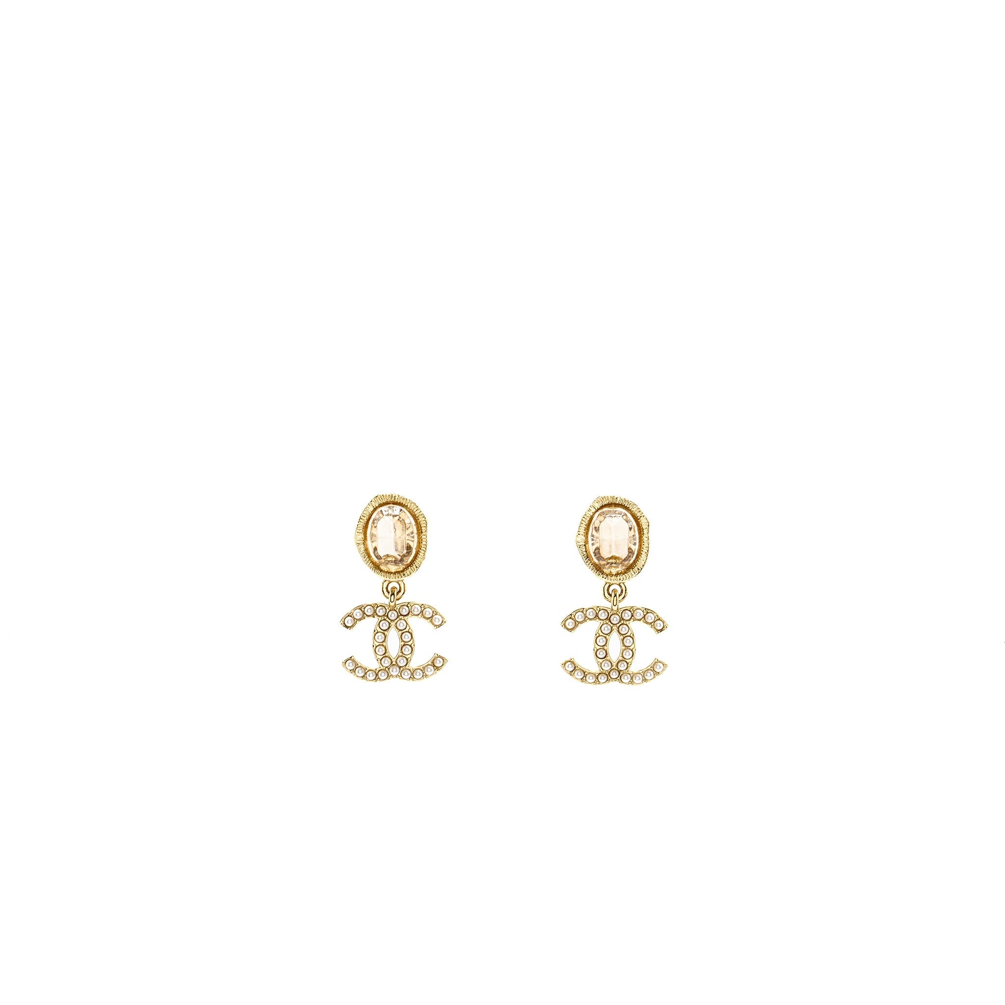 CHANEL PEARL CC LOGO DROP EARRINGS CRYSTAL LIGHT GOLD TONE