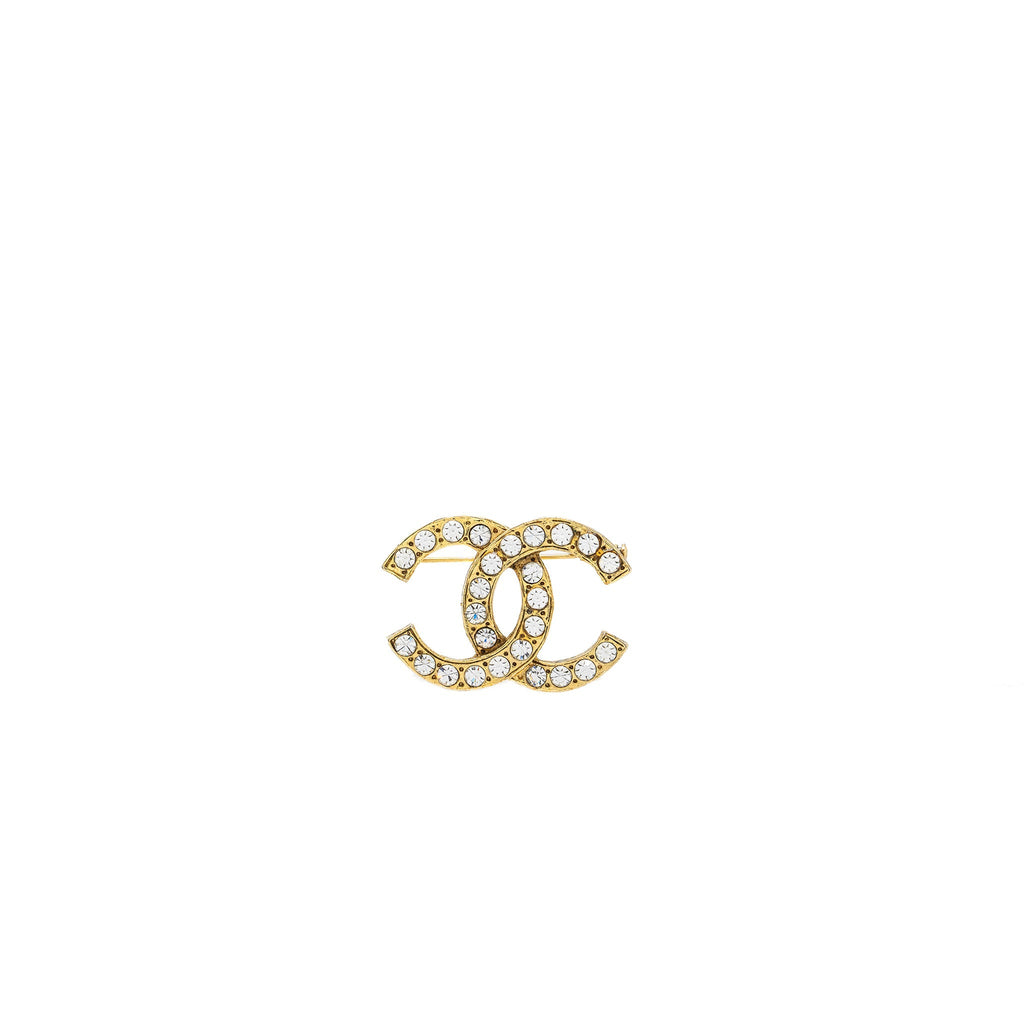 CHANEL CRYSTAL CC LOGO BROOCH GOLD TONE