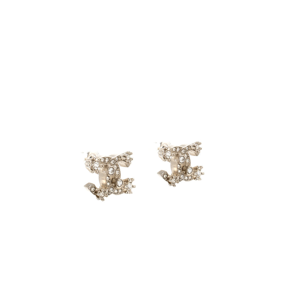 CHANEL CRYSTAL CC LOGO EARRINGS RUTHENIUM SILVER TONE