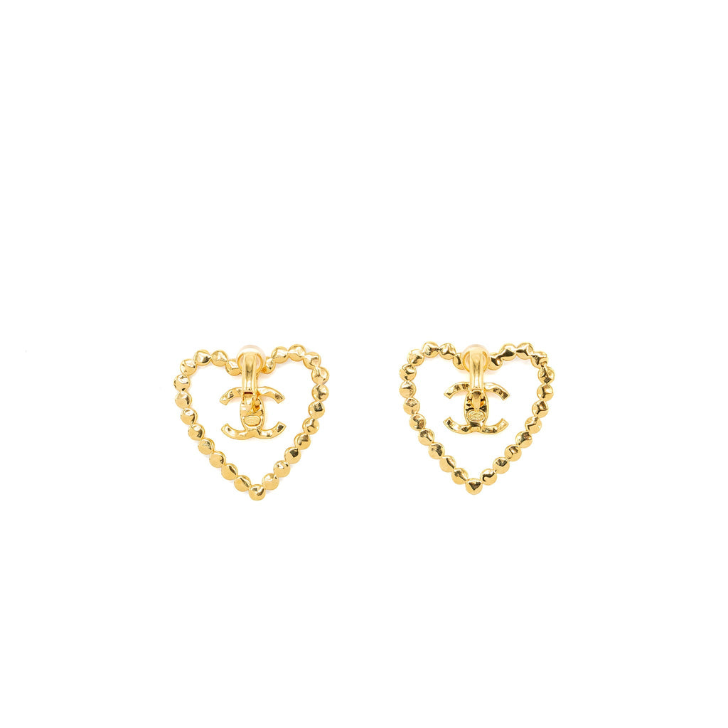 CHANEL GIANT HEART AND CC LOGO EAR CLIPS WITH CRYSTAL GOLD TONE