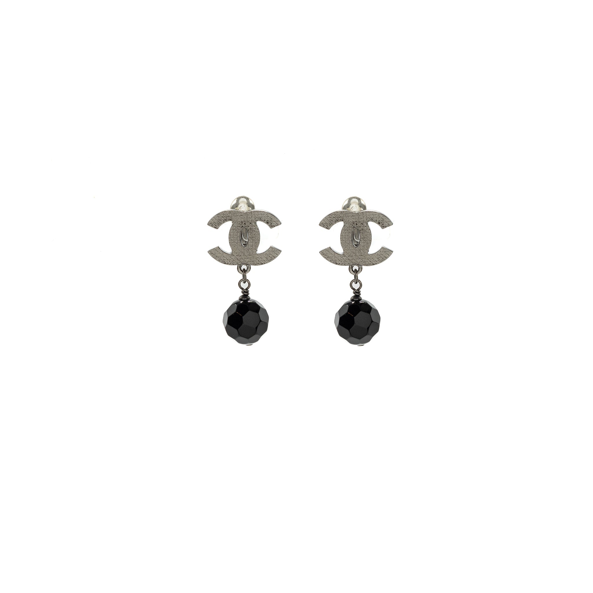 CHANEL CC LOGO DROP EAR CLIPS RUTHENIUM HARDWARE