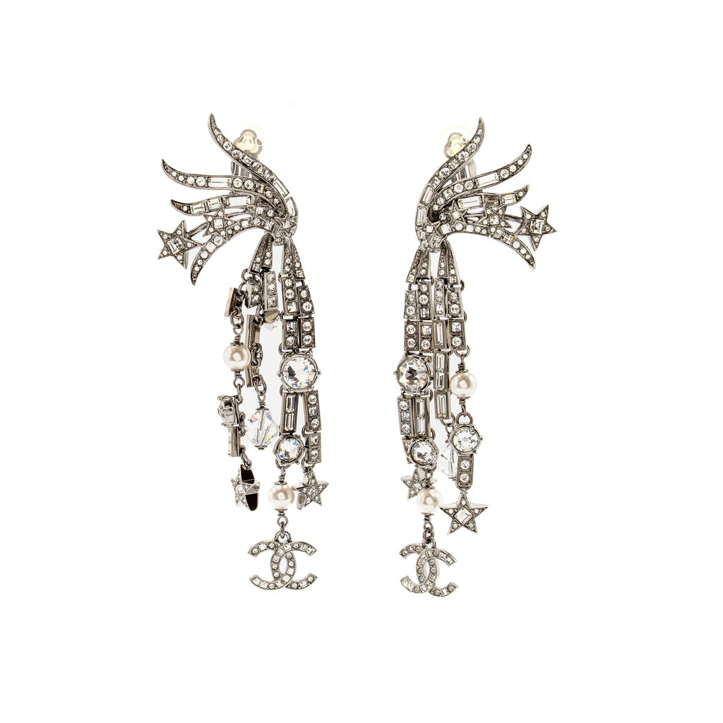CHANEL CC AND STAR DROP EAR CLIP EARRINGS CRYSTAL/PEARL SILVER TONE