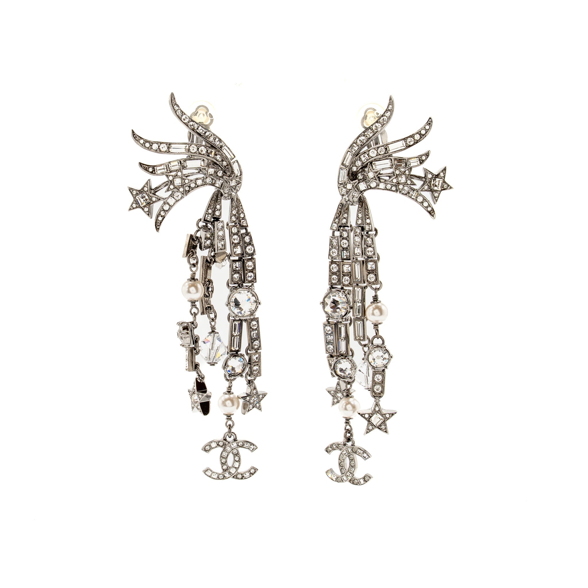CHANEL CC AND STAR DROP EAR CLIP EARRINGS CRYSTAL/PEARL SILVER TONE