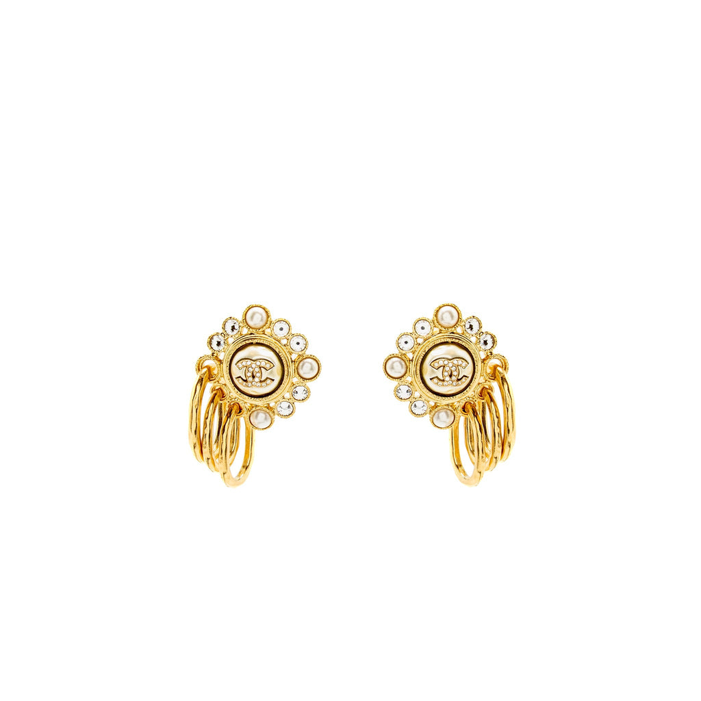 CHANEL FAUX PEARL & STRASS CC DROP EARRINGS GOLD TONE