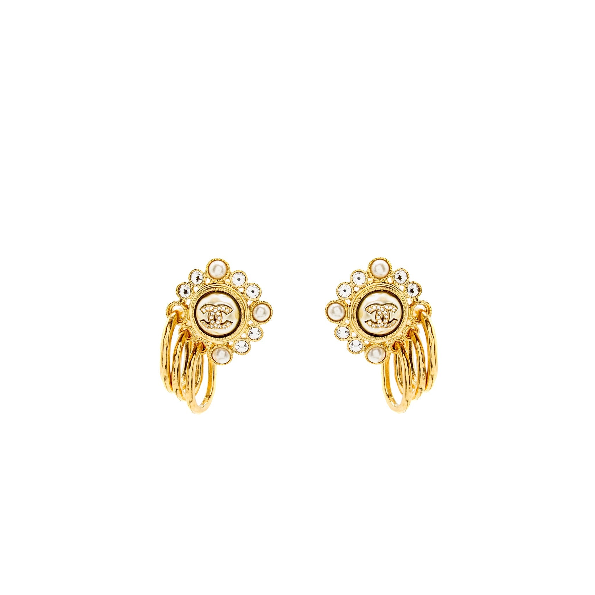 CHANEL FAUX PEARL & STRASS CC DROP EARRINGS GOLD TONE