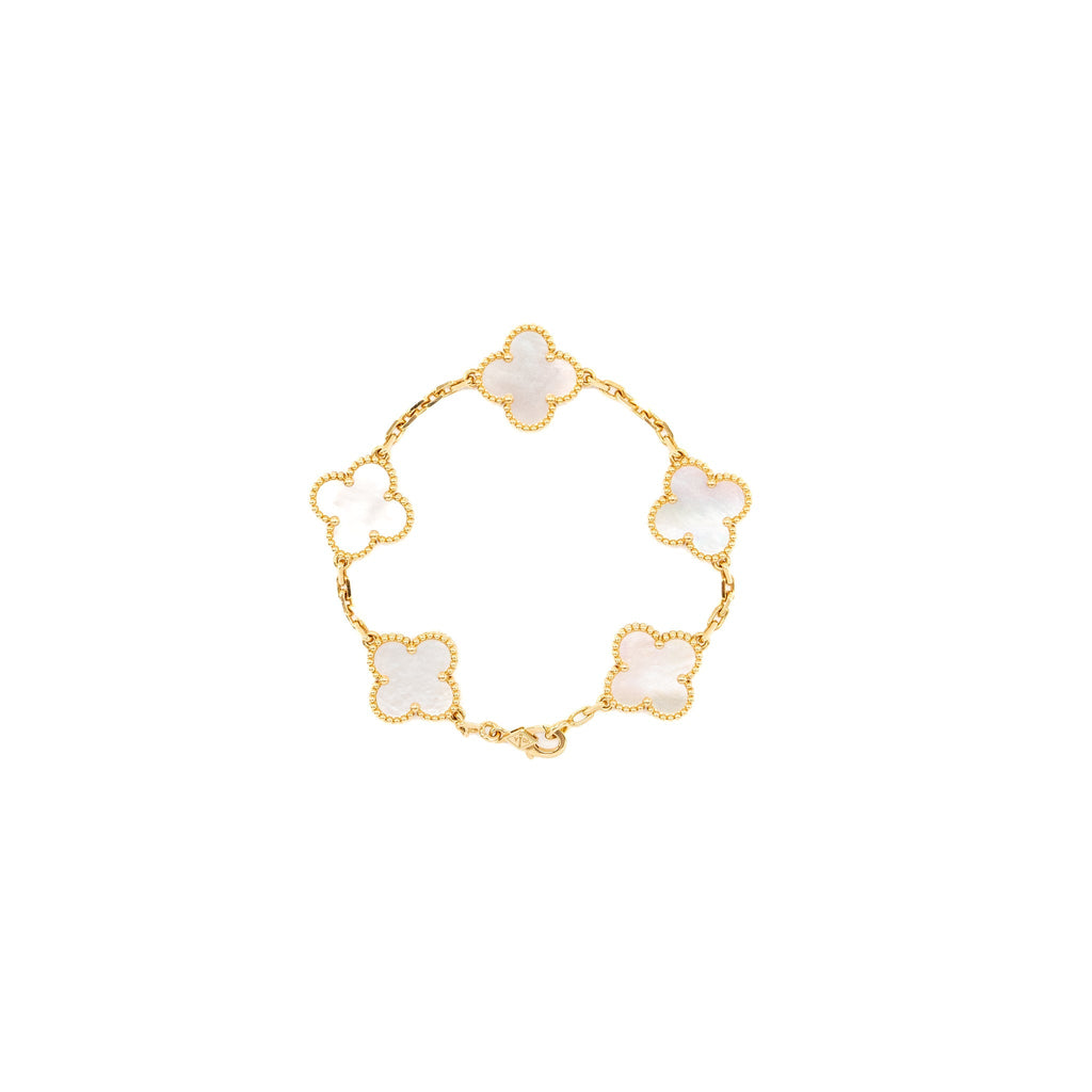 VAN CLEEF AND ARPELS VINTAGE ALHAMBRA 5 MOTIF BRACELET 18K YELLOW GOLD / MOTHER OF PEARL