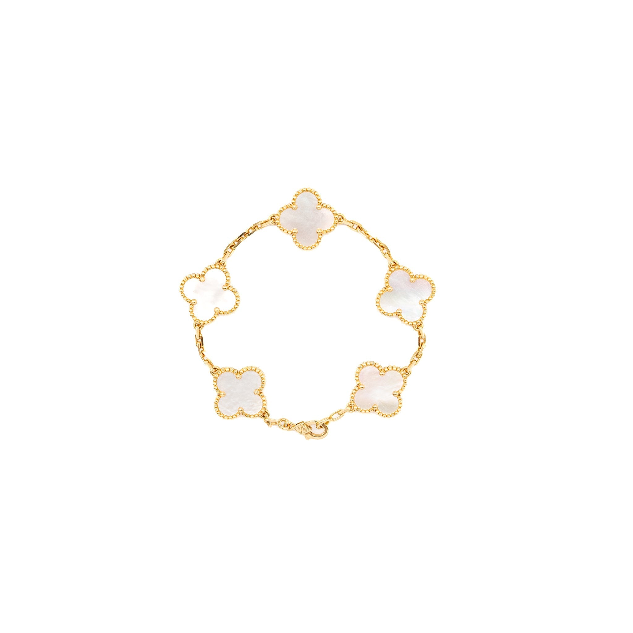VAN CLEEF AND ARPELS VINTAGE ALHAMBRA 5 MOTIF BRACELET 18K YELLOW GOLD / MOTHER OF PEARL
