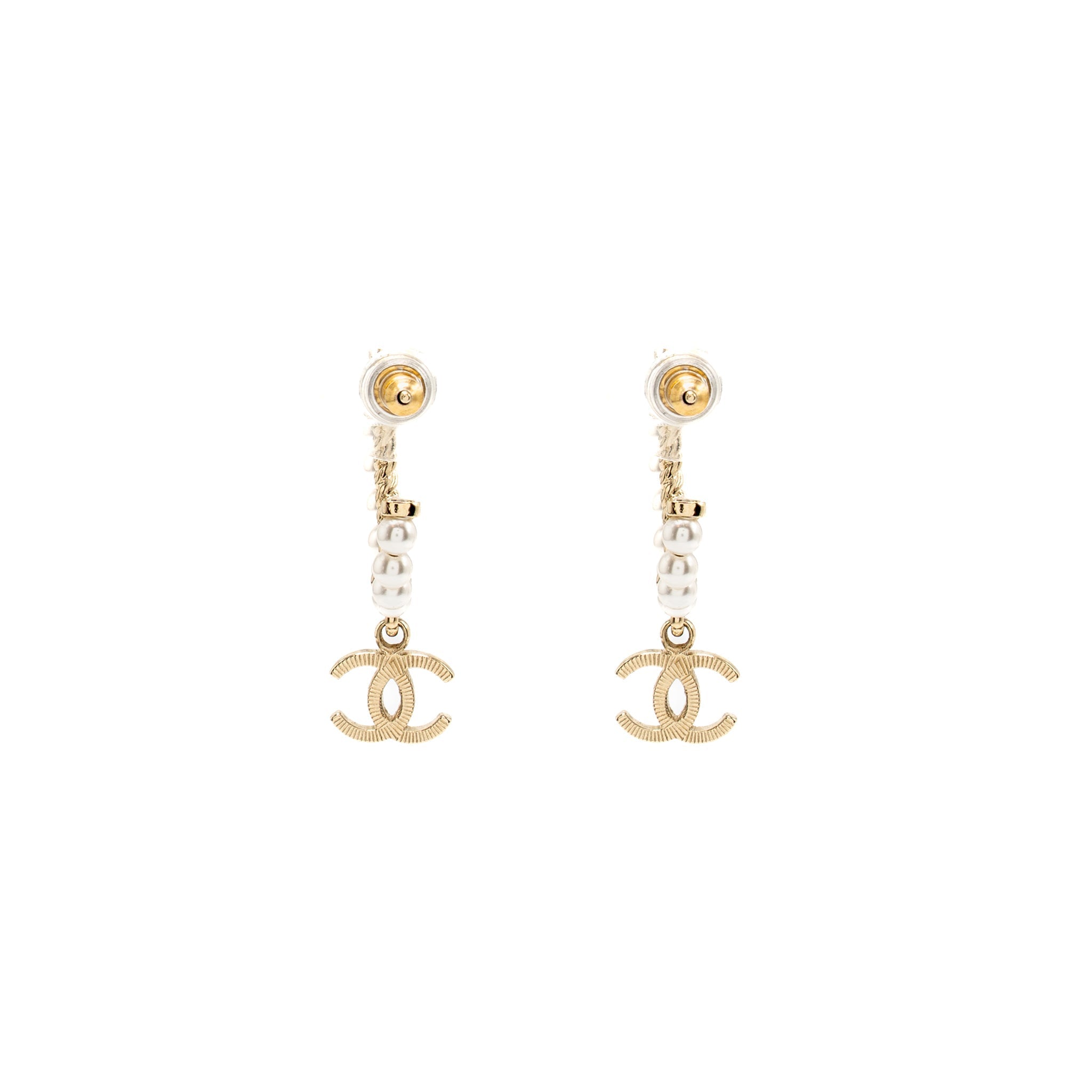 CHANEL CC DROP HOOP EARRINGS PEARL LIGHT GOLD TONE