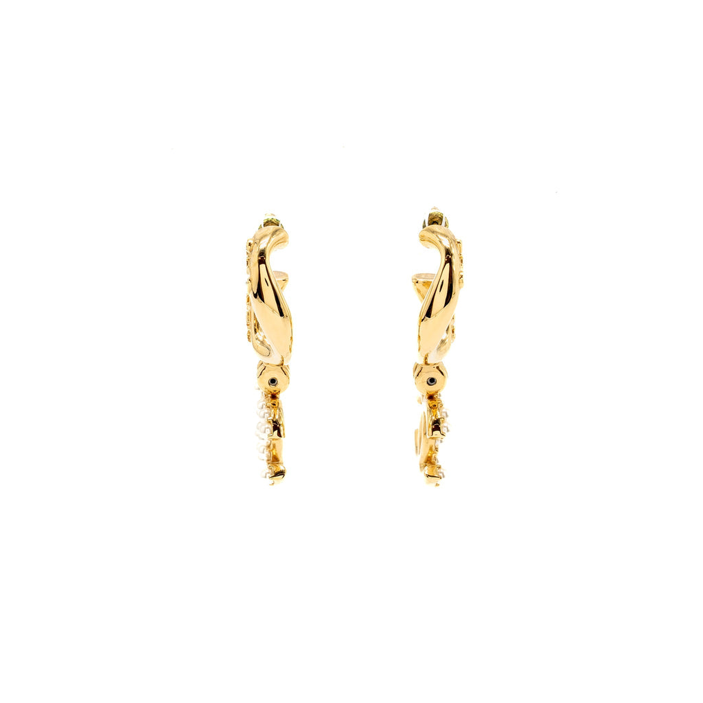CHANEL LETTER LOGO AND CC DROP EARRINGS PEARL/CRYSTAL GOLD TONE
