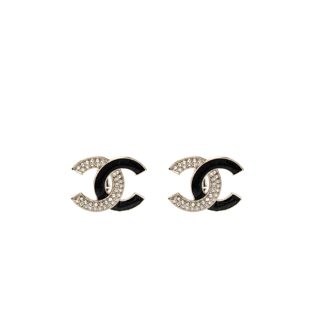 CHANEL CRYSTAL/ENAMEL CC LOGO EAR CLIPS SILVER TONE