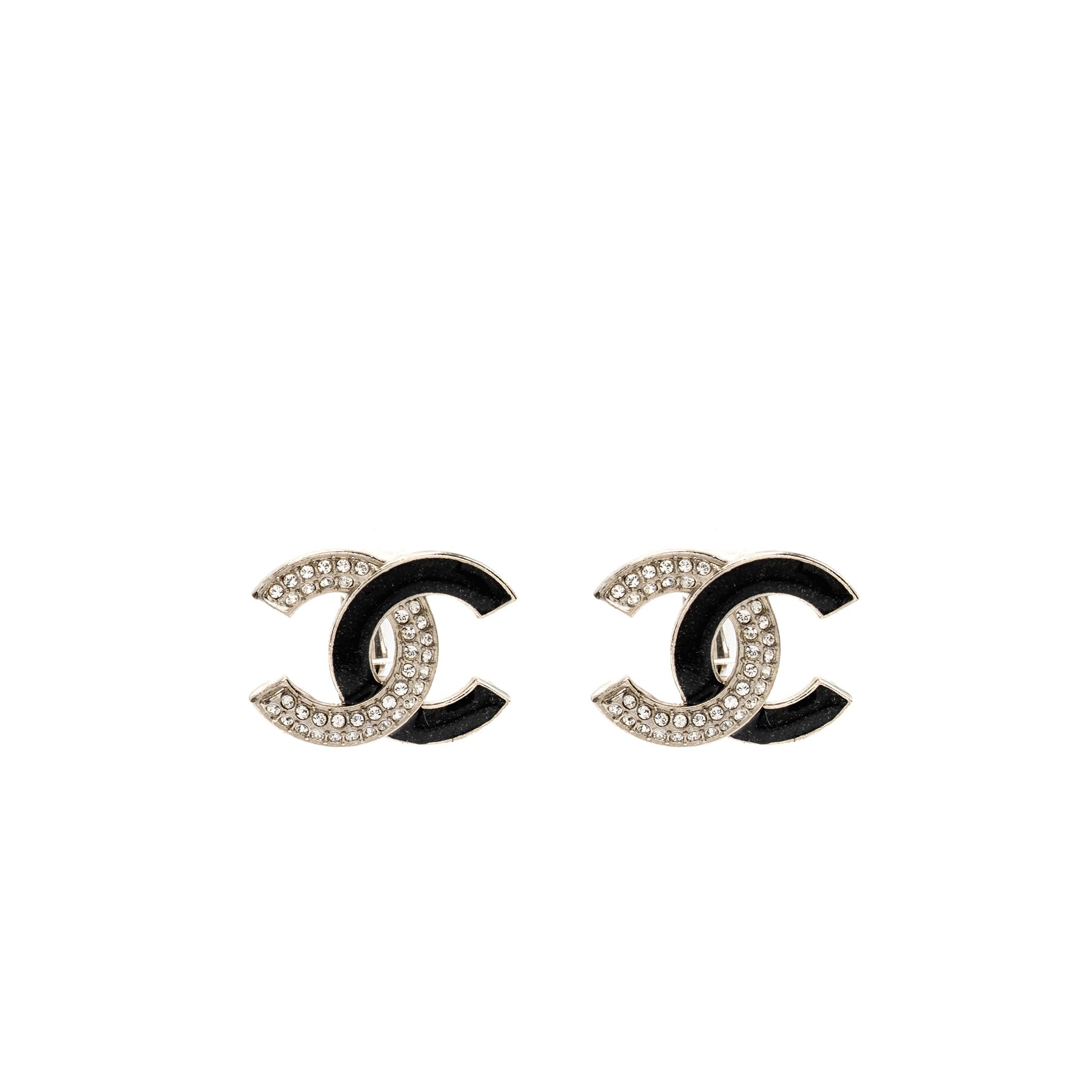 CHANEL CRYSTAL/ENAMEL CC LOGO EAR CLIPS SILVER TONE