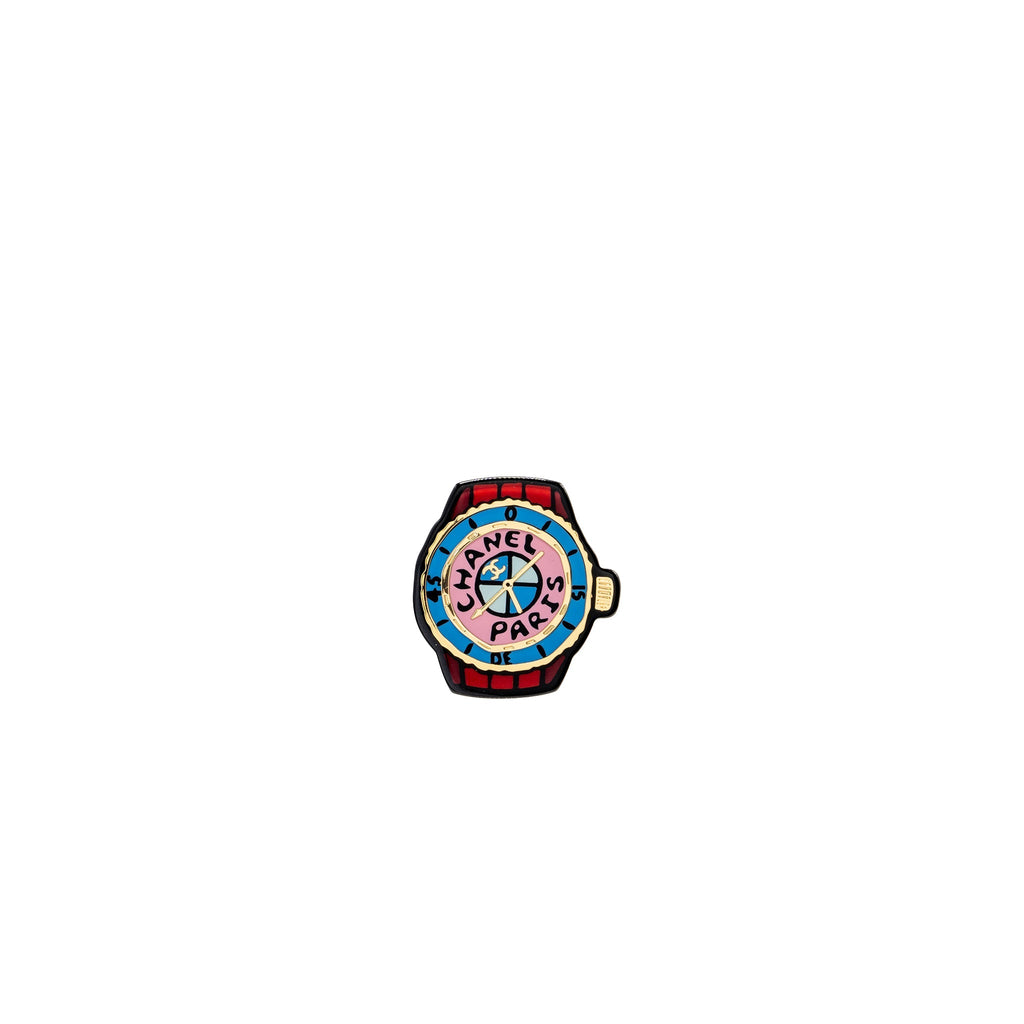CHANEL WATCH BROOCH ARCYLIC MULTICOLOUR GOLD TONE