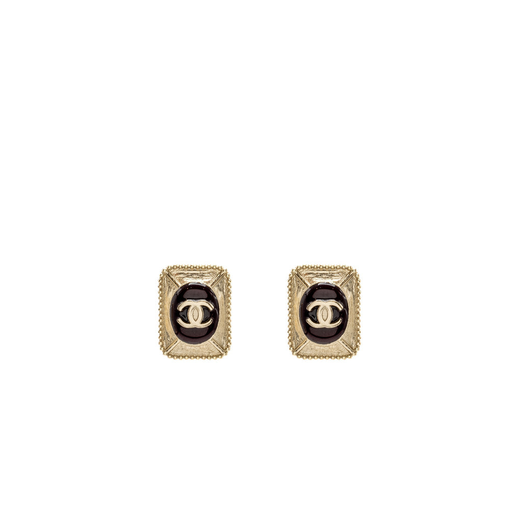 CHANEL CC LOGO SQUARE EARRINGS RED/GOLD TONE