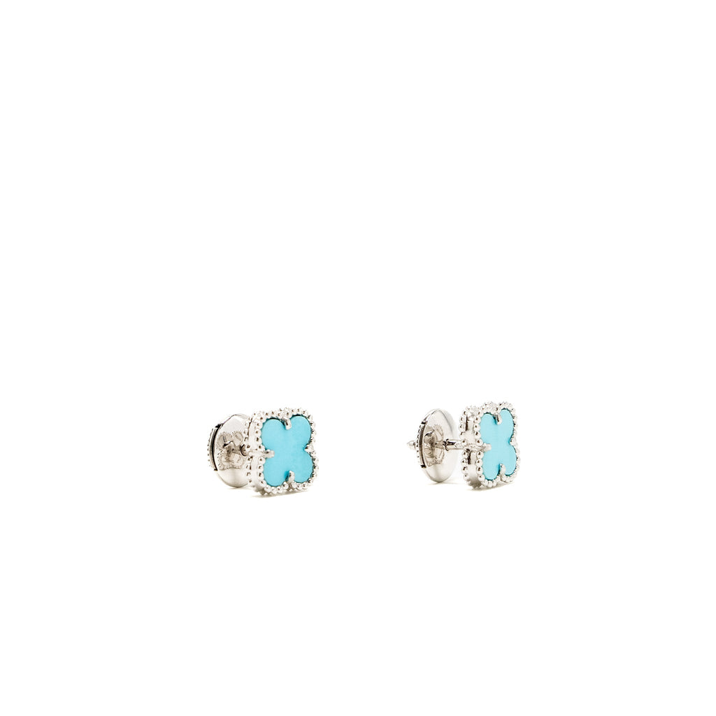 VAN CLEEF & ARPELS SWEET ALHAMBRA EARSTUDS EARRINGS, WHITE GOLD / TURQUOISE