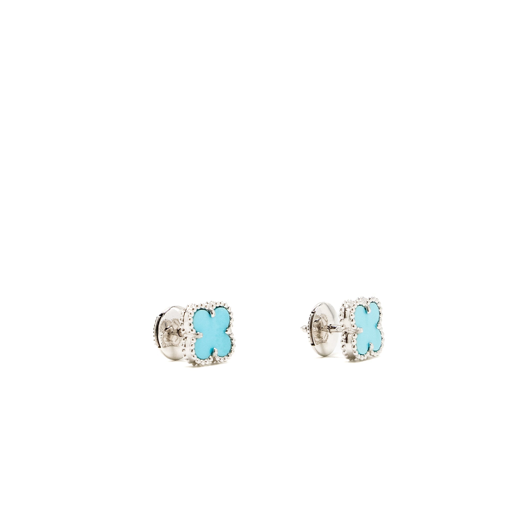 VAN CLEEF & ARPELS SWEET ALHAMBRA EARSTUDS EARRINGS, WHITE GOLD / TURQUOISE
