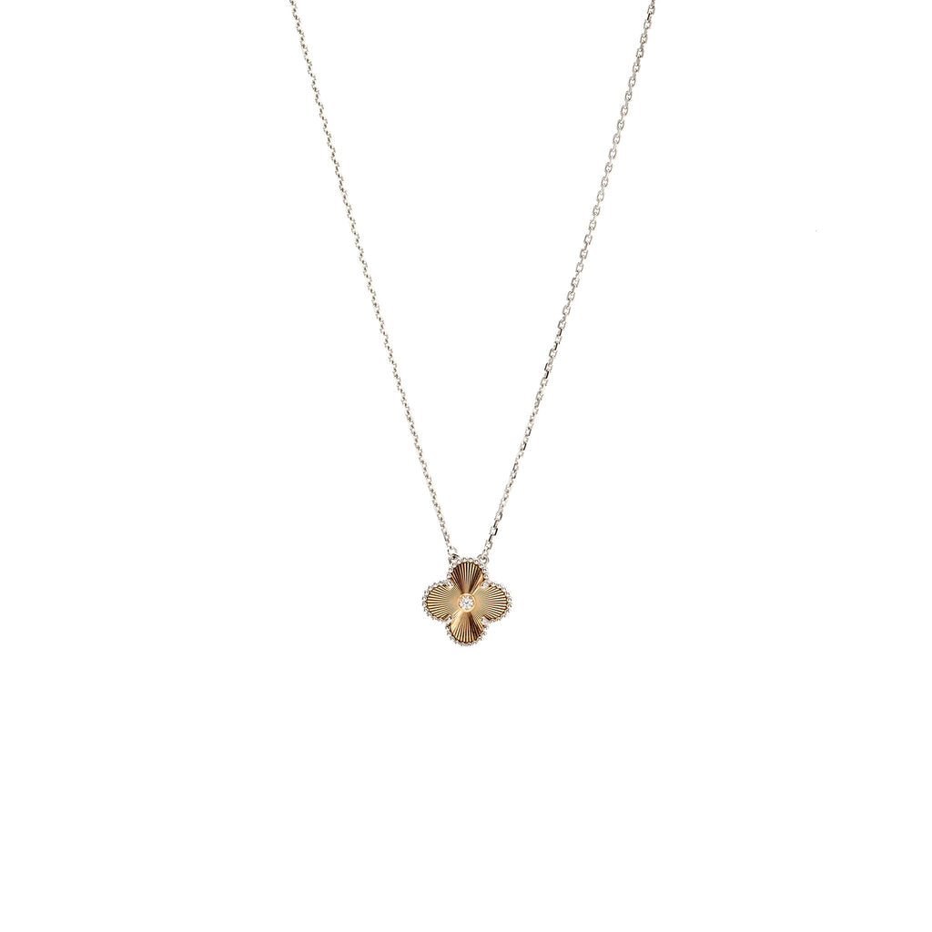 VAN CLEEF & ARPELS VINTAGE ALHAMBRA PENDANT WHITE GOLD, GUILLOCHE ROSE GOLD, DIAMOND