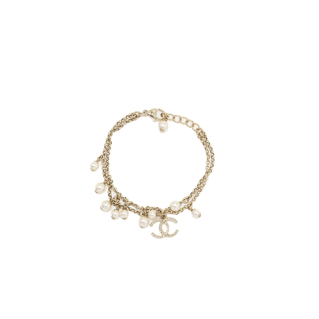 CHANEL DOUBLE CHAIN BRACELET WITH CC LOGO AND PEARL LIGHT GOLD TONE