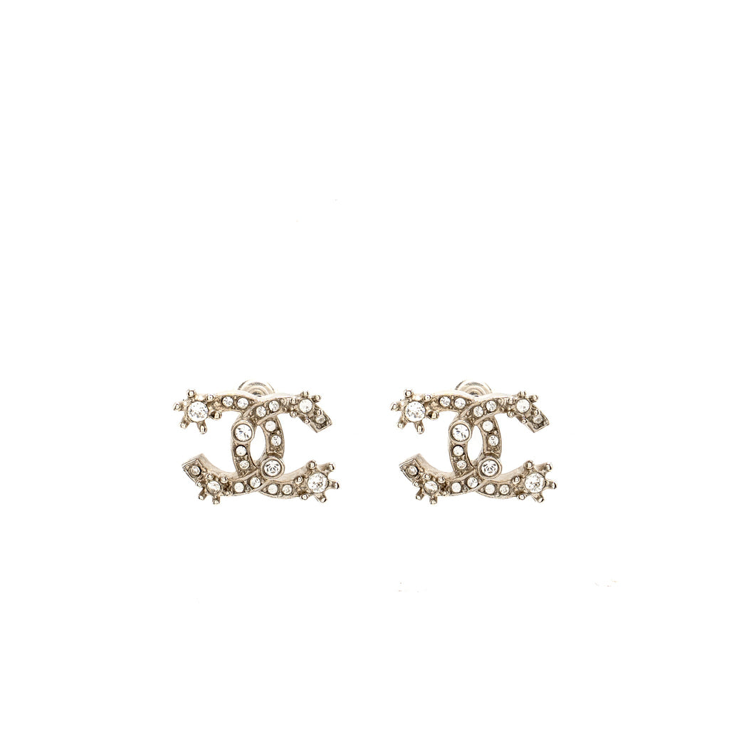 CHANEL CRYSTAL CC LOGO EARRINGS RUTHENIUM SILVER TONE