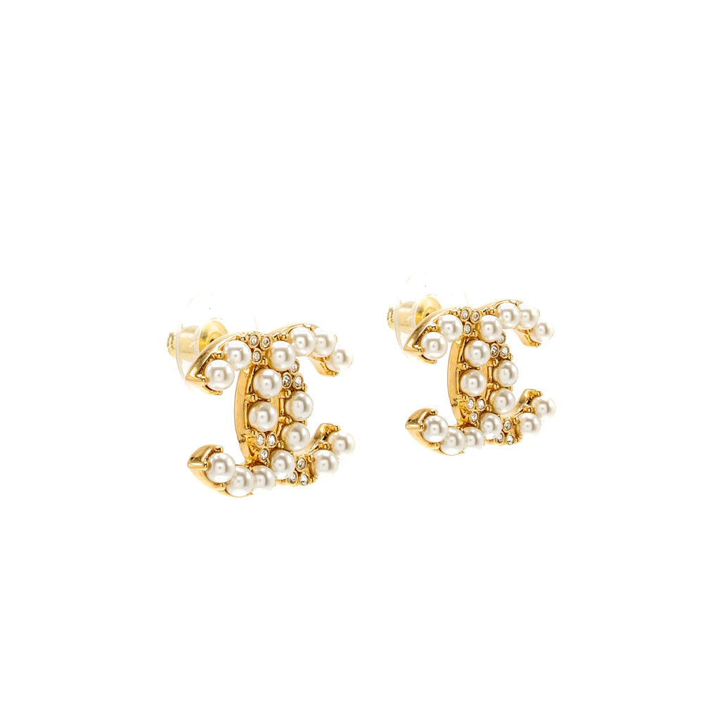CHANEL CC PEARL EARRINGS GOLD TONE