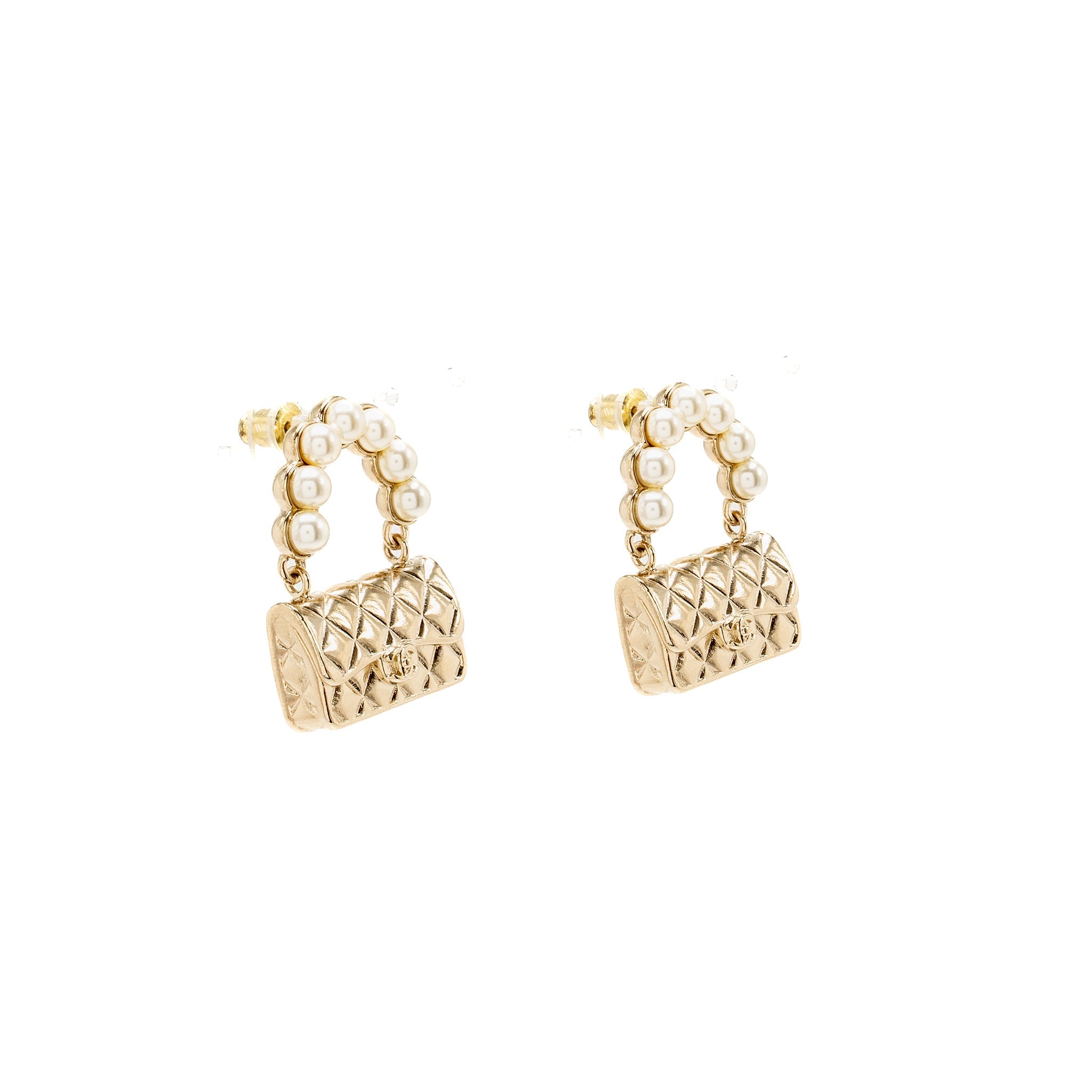 CHANEL CLASSIC FLAP BAG DROP EARRINGS PEARL LIGHT GOLD TONE