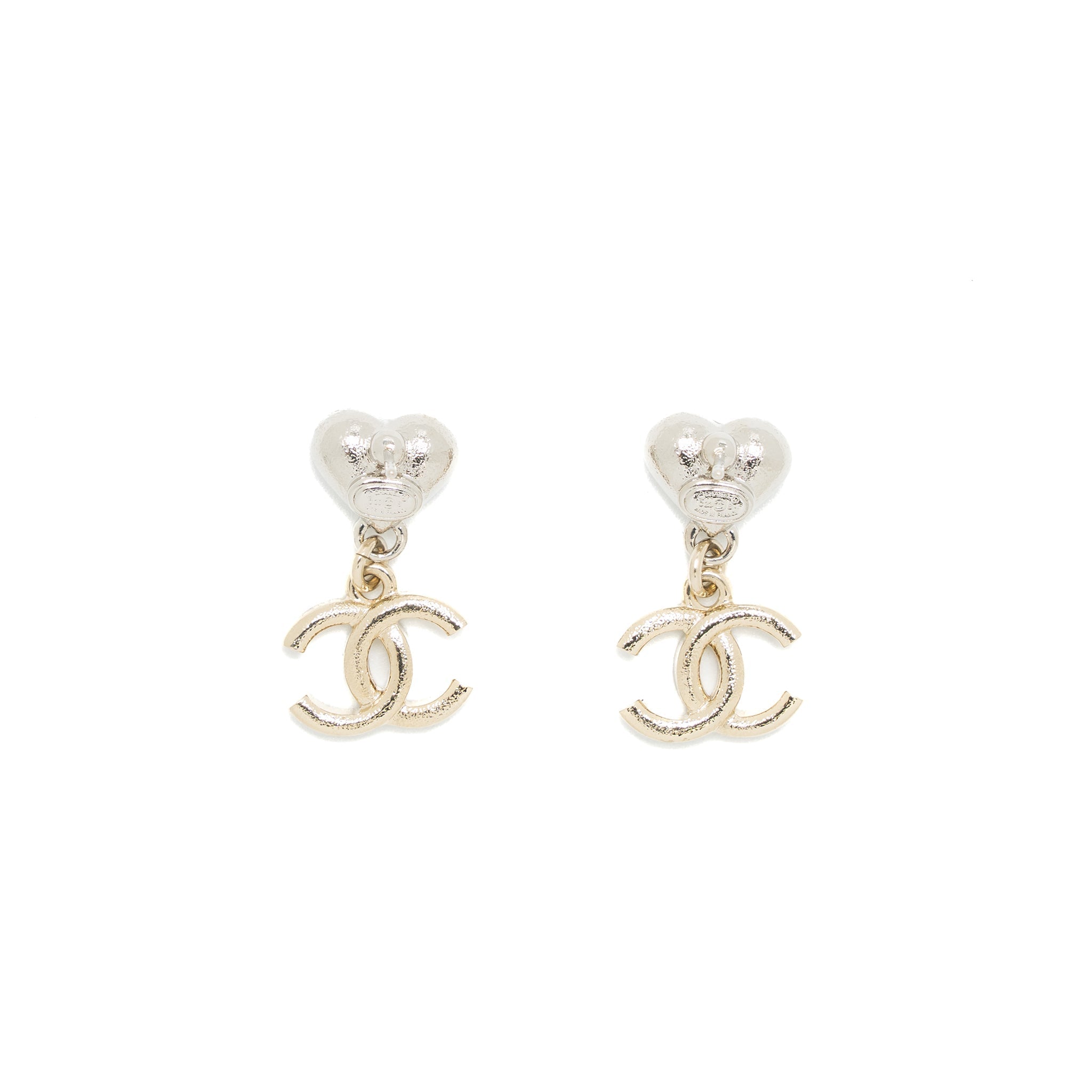 CHANEL HEART CC DROP EARRINGS CRYSTAL LIGHT GOLD TONE
