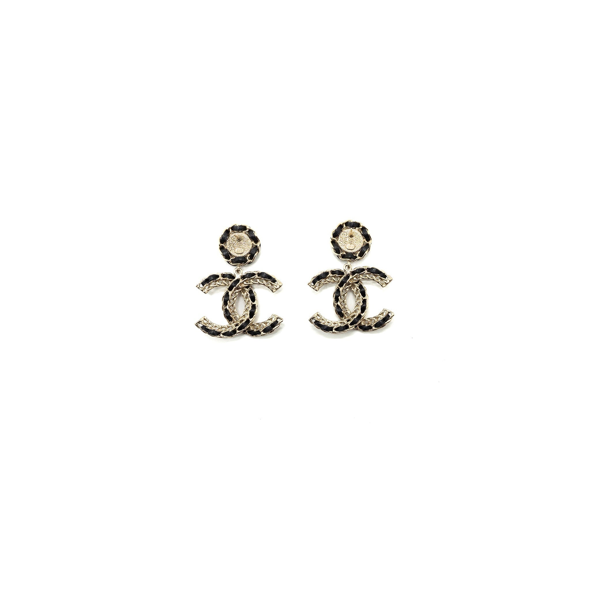 CHANEL GIANT LEATHER CHAIN CC LOGO DROPPED EARRINGS LIGHT GOLD TONE