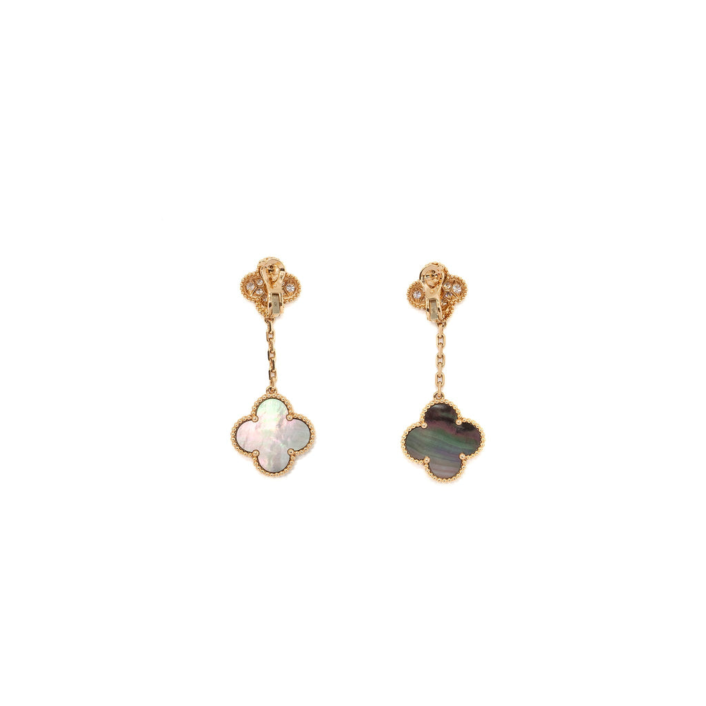 VAN CLEEF & ARPELS MAGIC ALHAMBRA 2-MOTIFS EARRINGS ROSE GOLD GREY MOTHER OF PEARL, DIAMONDS