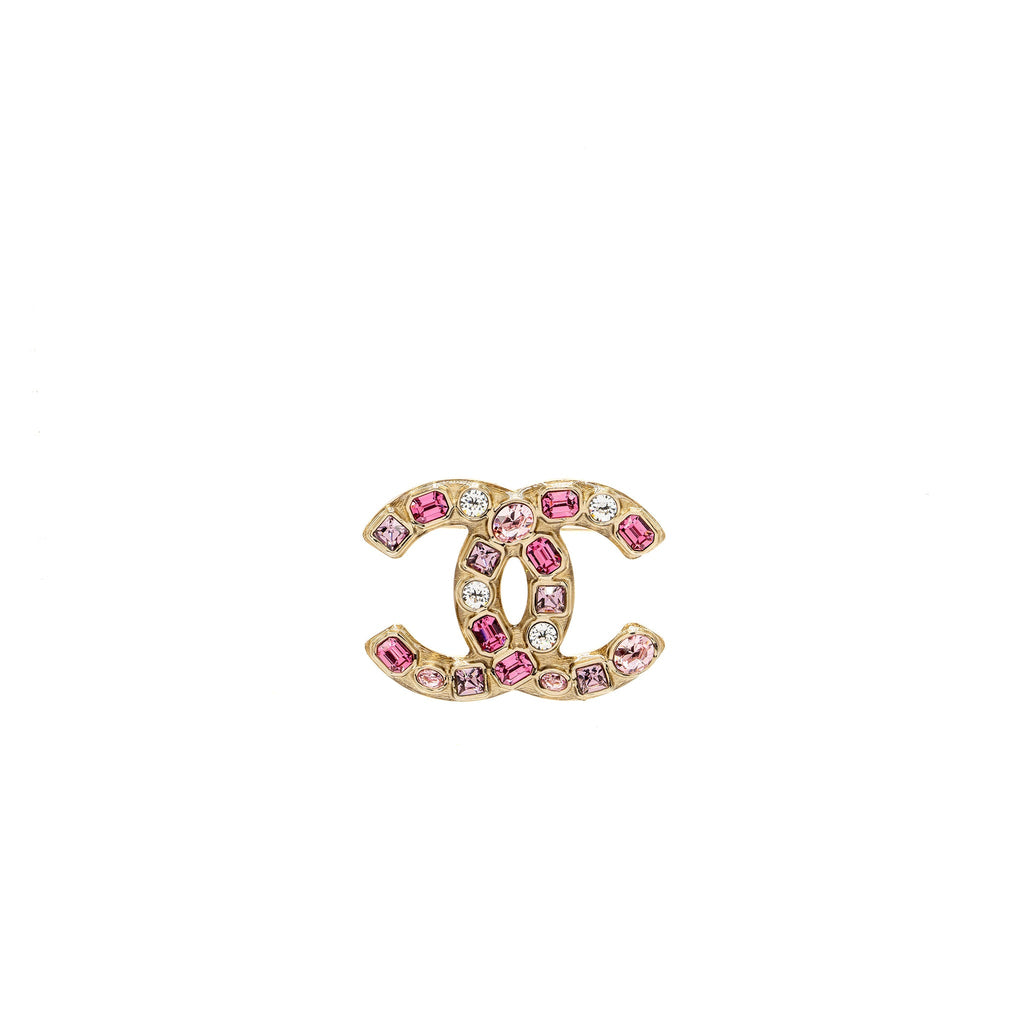 CHANEL GIANT CC LOGO BROOCH WITH CRYSTAL PINK MULTICOLOUR GOLD TONE