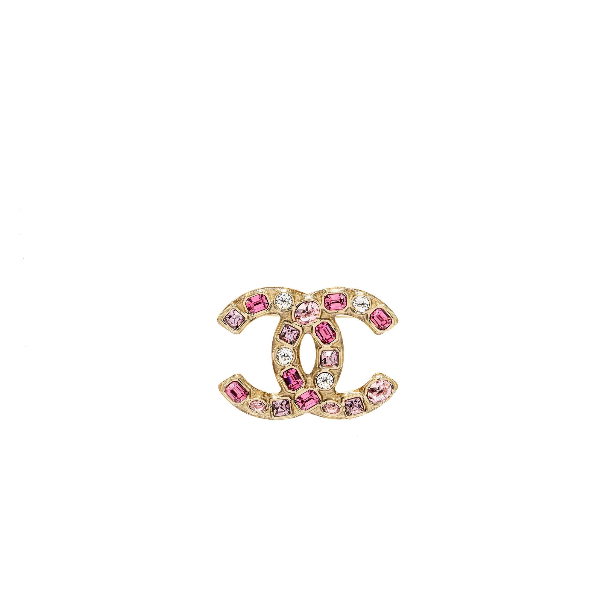 CHANEL GIANT CC LOGO BROOCH WITH CRYSTAL PINK MULTICOLOUR GOLD TONE