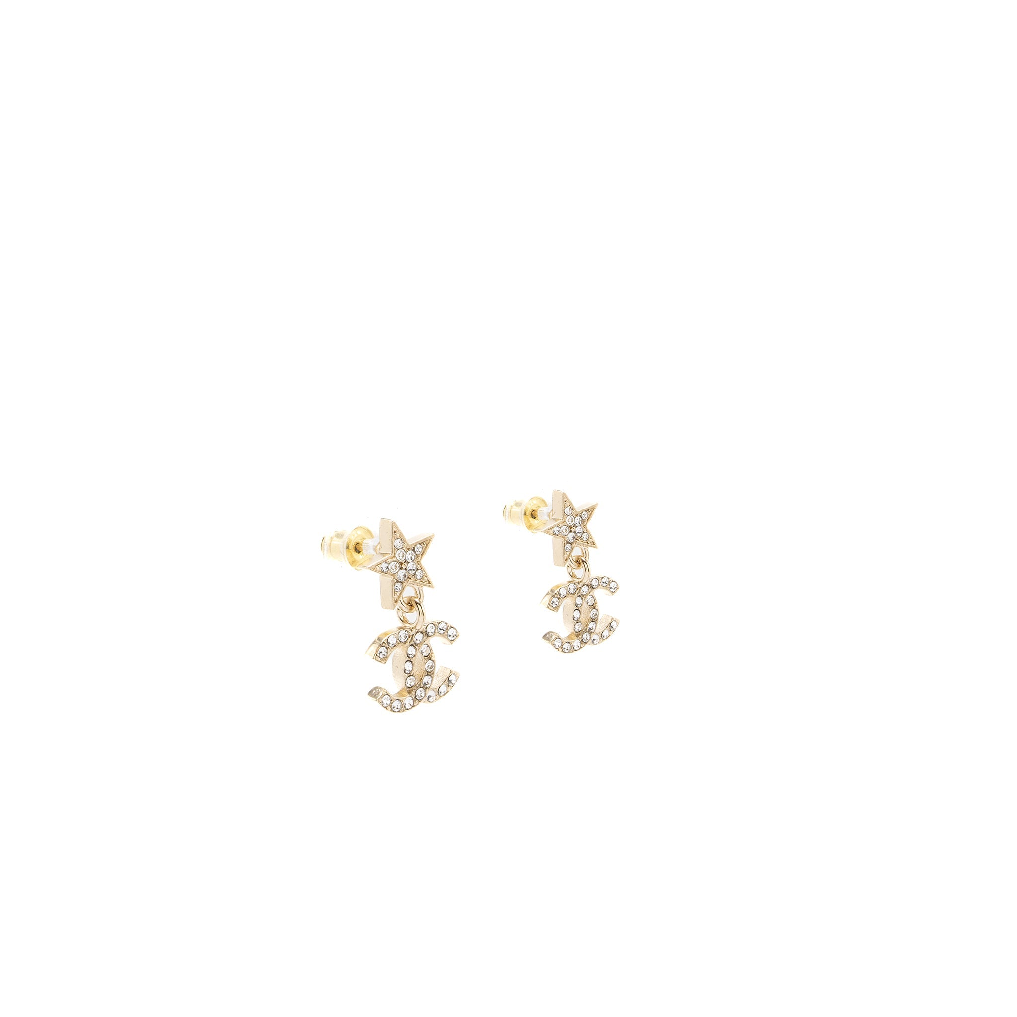 CHANEL CRYSTAL STAR EARRINGS WITH CC LOGO DROP LIGHT GOLD TONE