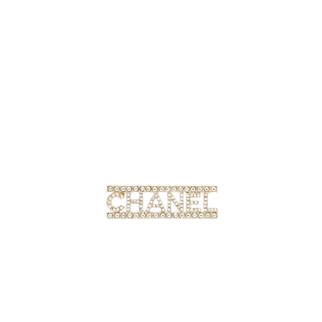 CHANEL LETTER LOGO BROOCH CRYSTAL SILVER TONE