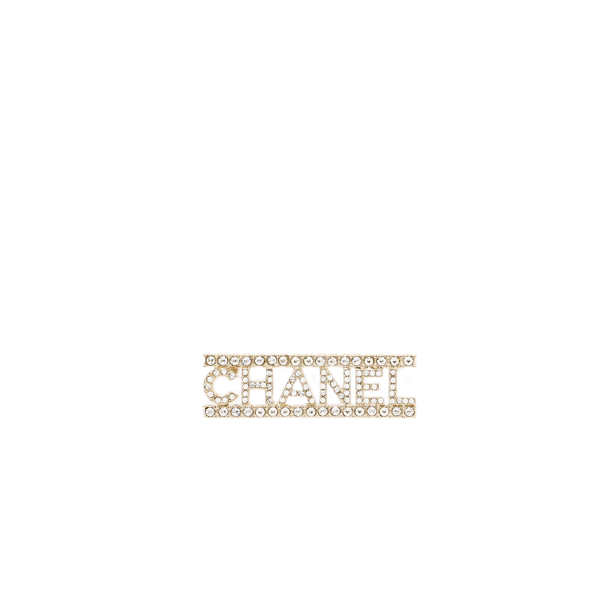 CHANEL LETTER LOGO BROOCH CRYSTAL SILVER TONE