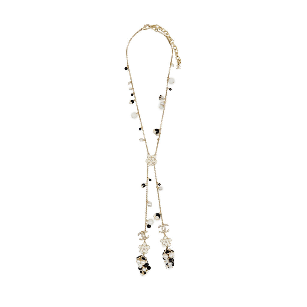 CHANEL CC CAMELLIA GRAPE LONG NECKLACE PEARL/CRYSTAL/BLACK BEADS LIGHT GOLD TONE