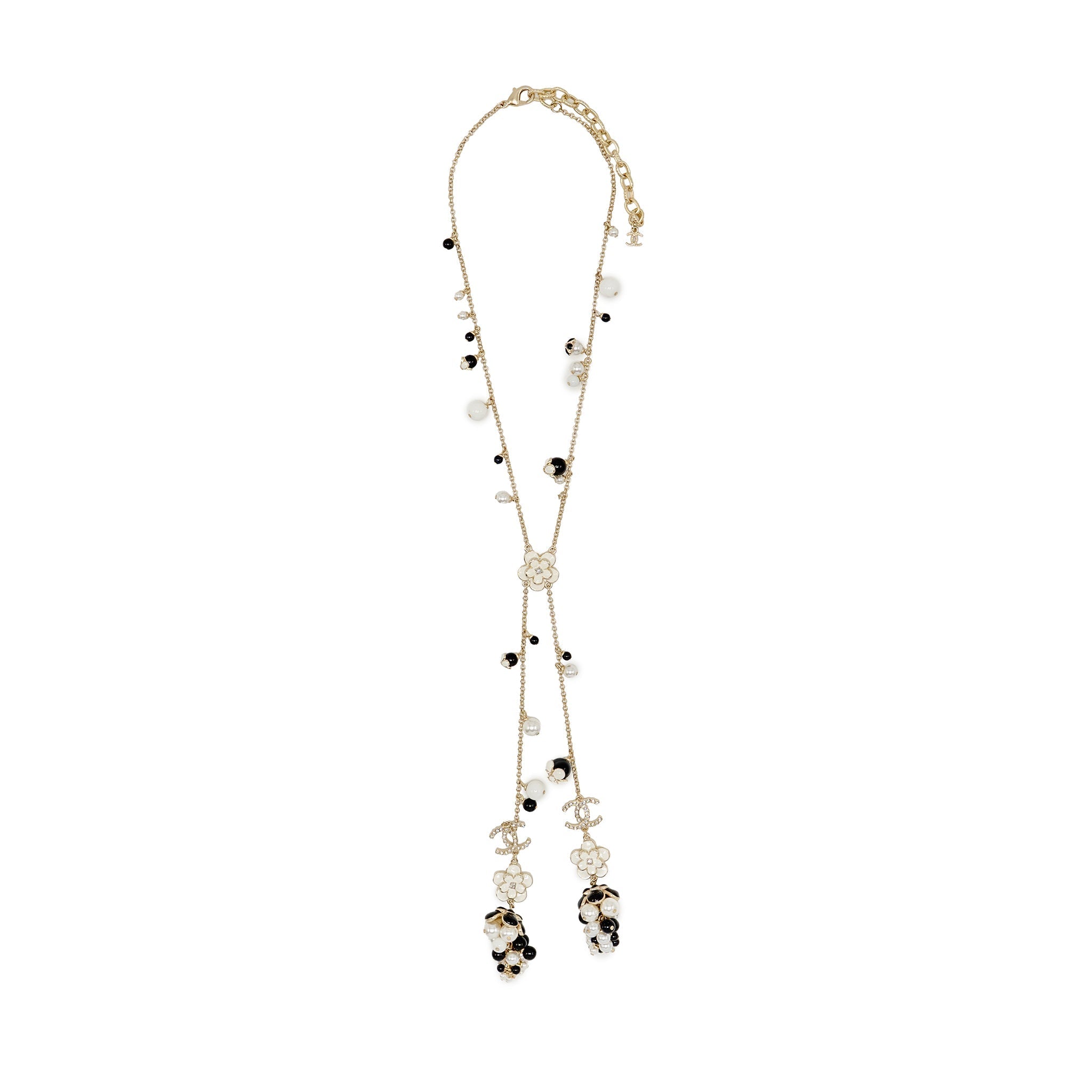 CHANEL CC CAMELLIA GRAPE LONG NECKLACE PEARL/CRYSTAL/BLACK BEADS LIGHT GOLD TONE